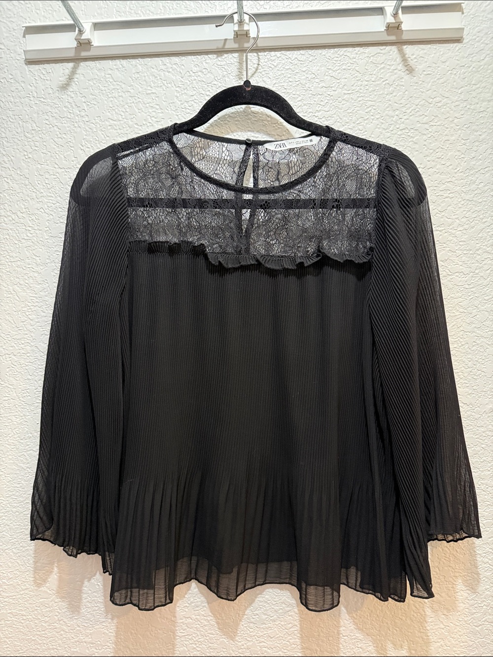 Zara Black Lace Yoke Pleated Blouse